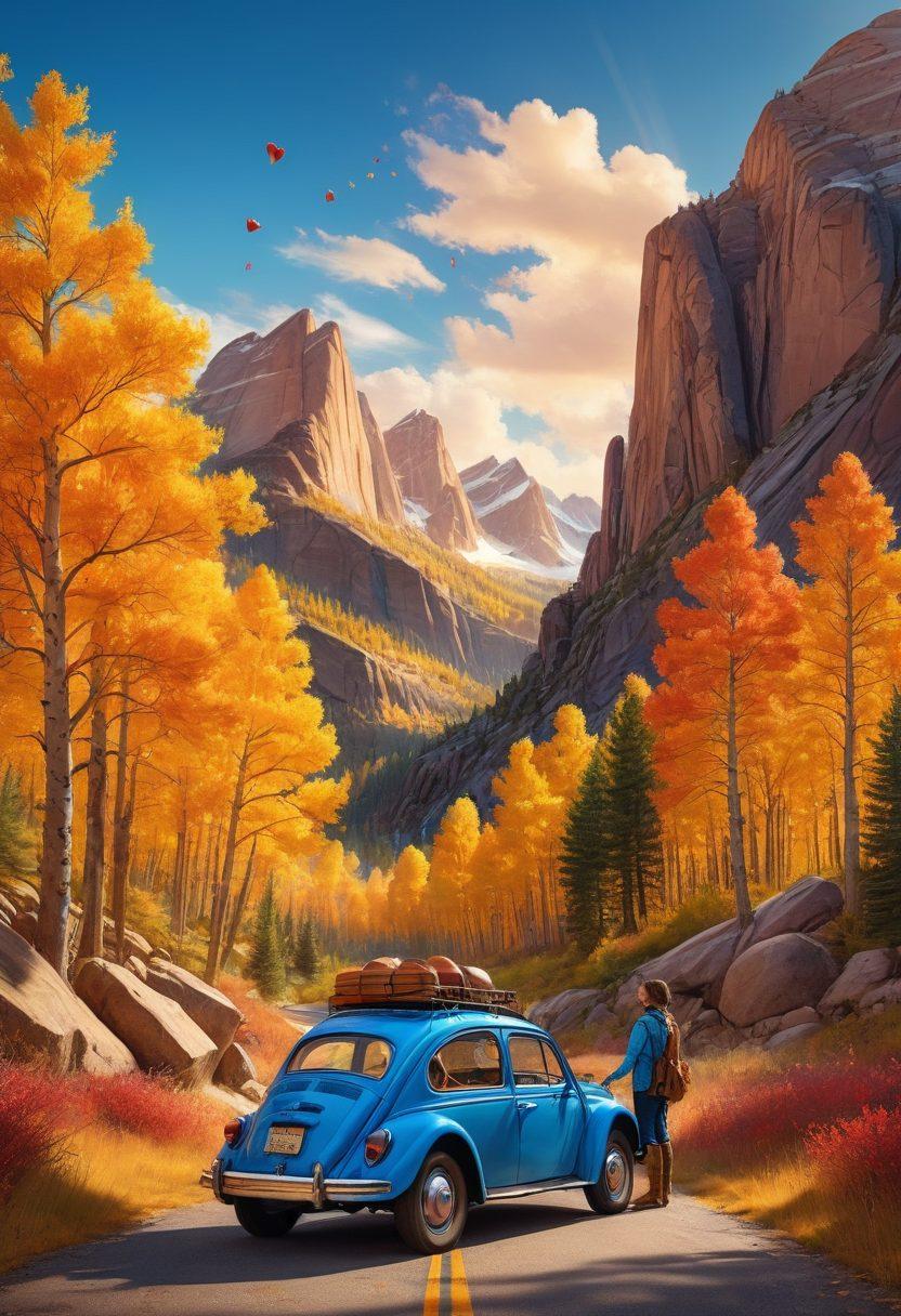 A happy couple standing by their car in a picturesque Colorado landscape, with Rocky Mountains in the background. They are holding hands while looking at each other, surrounded by symbols of insurance such as shields and hearts that symbolize love and protection. Bright blue skies and vibrant autumn foliage enhance the scene, emphasizing adventure and security on the road. super-realistic. vibrant colors. 3D.