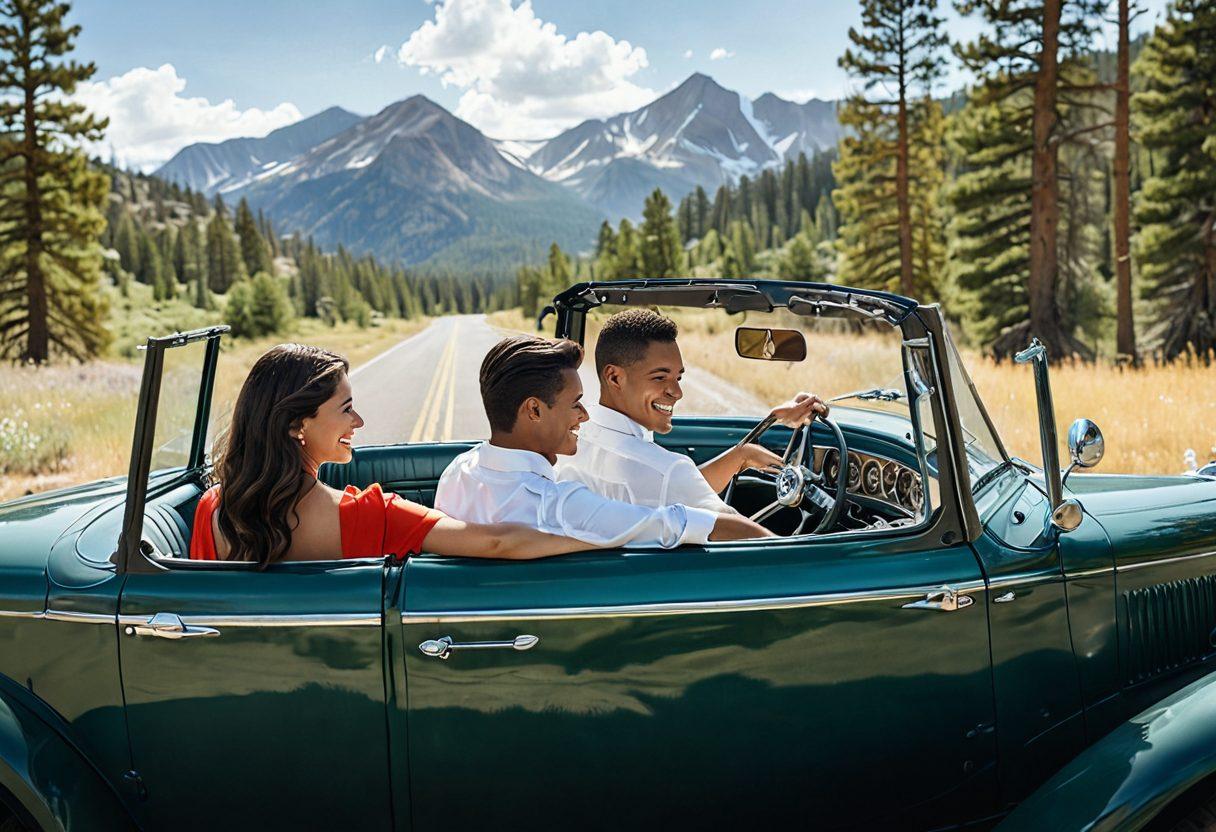 A romantic couple driving through a scenic Colorado landscape in a vintage car, with mountains and pine trees in the backdrop. The focus should be on their cheerful expressions and intertwined hands, symbolizing love and partnership. Include colorful auto insurance documents and a map on the passenger seat to signify their quest for affordable coverage. Bright, sunny weather should enhance the cheerful mood. super-realistic. vibrant colors. landscape focus.