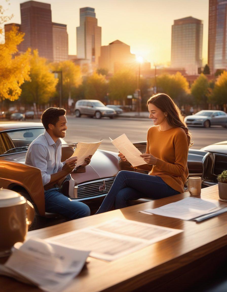A romantic scene depicting a couple reviewing their auto insurance policy while sitting in a cozy Denver café, with the city skyline in the background. The couple is smiling, surrounded by car-related elements like a model car and insurance papers. A warm sunset casts a golden hue over the scene, symbolizing love and security in partnership. super-realistic. warm colors. city skyline.